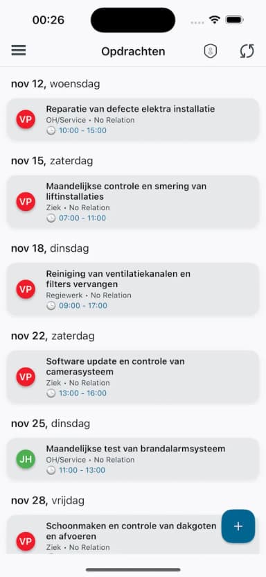 Werkbon IQ mobiele app met opdrachten overzicht, werkbonstatus en monteursplanning